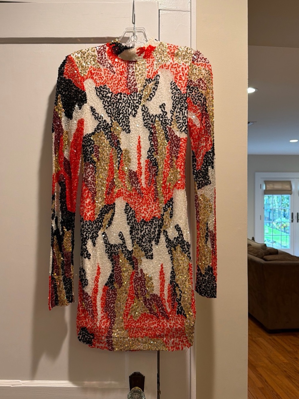 Free People Sequin Cowl-Neck Mini Sweater Dress - Red, Black, Gold, White